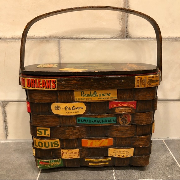 Vintage basket purse 1960s 60s brown travel postcard decoupage logo magazine - Picture 2 of 13